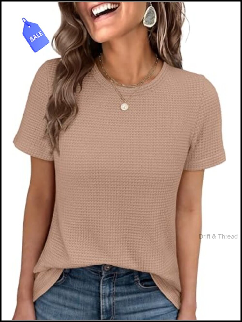 Women's Waffle Knit Tee Short Sleeve Crew Neck Casual Top